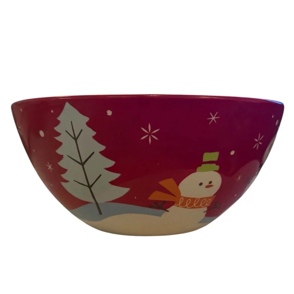 Target Holiday Ch 08 Be Merry Snowman Serving Bowl Red Ceramic Christmas 2008